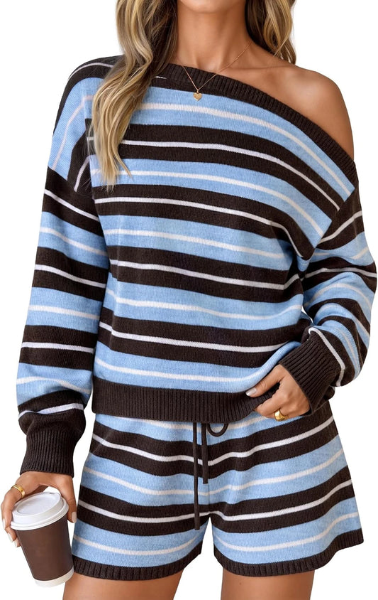 Striped Knit Sweater Shorts Set